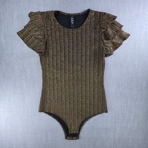 Elsie‎ Bodysuit Womens One Size Gold Black Metallic Ruffle Sleeve Ribbed Striped